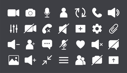 Icon Videocall collection. Set of video communication elements. Web app ui display template. Buttons for mobile, computer, laptop. Vector illustration in flat style.