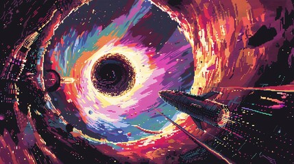 Wall Mural - Pixel art illustration of a spaceship flying towards a black hole.