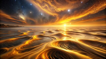 Wall Mural - Golden Sands Under a Celestial Tapestry An ethereal landscape of shimmering dunes bathed in the warm glow of a setting sun, under a sky ablaze with stars and swirling nebulas.