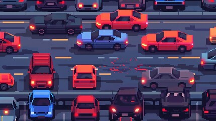 Wall Mural - pixel art of cars in a traffic jam on a highway at night.