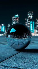 Fototapete - A reflective black sphere sits on a textured surface, mirroring a glowing city skyline in the background, creating a mesmerizing visual contrast