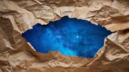 Wall Mural - a view of a starry night sky seen through a tear in crumpled paper.