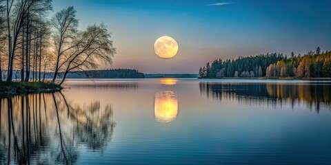 Wall Mural - Serene Lake Sunset with Full Moon Reflection and Silhouetted Trees