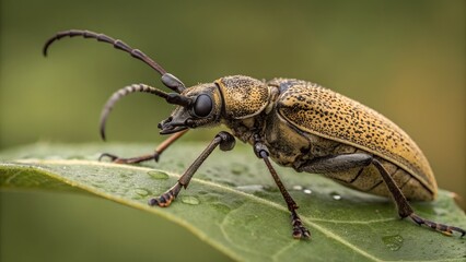 Wall Mural - longhorn beetle on leaf: close-up shot of a striking longhorn beetle perched gracefully on a vibrant