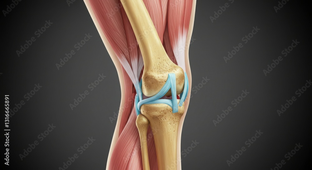 Anatomical illustration of a human knee joint with muscles and ...