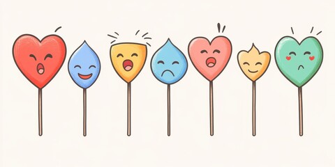 Wall Mural - colorful cartoon shapes each expressing different emotive facial expressions