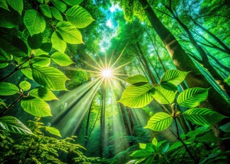 Wall Mural - Sun-drenched leaves illuminate a mystical, dark forest at night, creating magical sun rays.