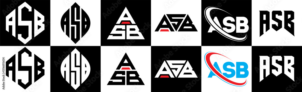 ASB letter logo design in six style. ASB polygon, circle, triangle ...