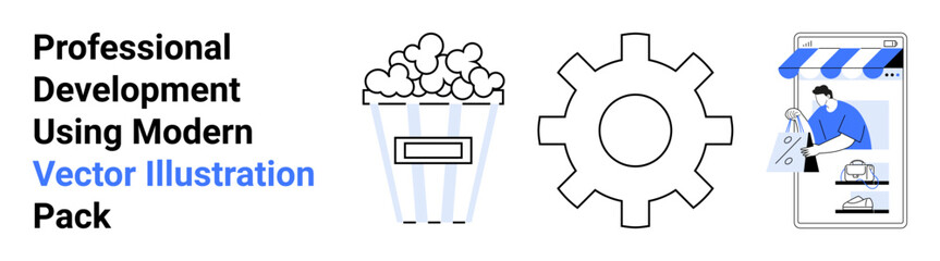 Popcorn bucket, gear icon, and e-commerce interface concept with shopping elements. Ideal for business, creativity, teamwork, productivity, branding, digital marketing flat landing page banner