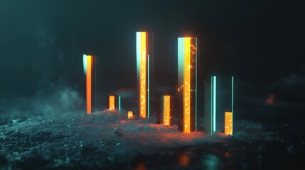 Leinwandbilder - A D rendering of a financial graph with bars representing growth, illuminated against a dark backdrop, showcasing data analysis and financial success.