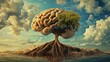 © Plaifah - A conceptual image of a human brain surrounded by nature, with roots extending from it into the earth, illustrating the connection between mind and environment.