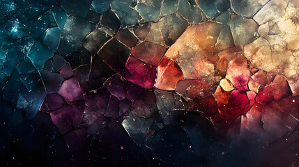 Wall Mural - A high-resolution abstract digital artwork featuring a cracked glass effect with a mix of deep blues, fiery reds, and golden hues