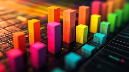 Leinwandbilder - Close-up view of a colorful D bar chart with varying heights and widths, casting shadows on a textured surface, providing depth to the data presentation.