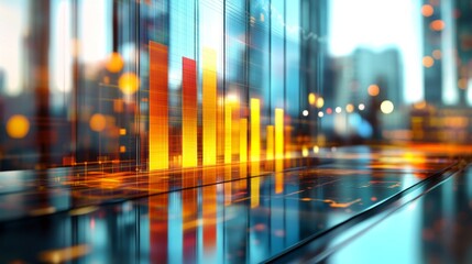 Fototapete - Interactive D bar graph with dynamic colors and heights, positioned on a glass table, surrounded by digital interface elements, illustrating data trends.