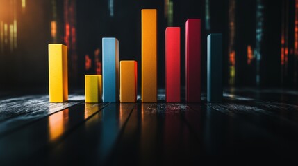 Fototapete - Multi-colored D bar chart displaying data trends over time, placed on a sleek black background, emphasizing the vibrancy and importance of the information.