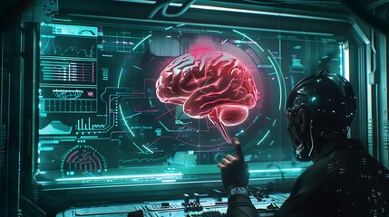 Futuristic Cybernetic Interface with Digital Brain Visualization and Male Figure in Dark Environment