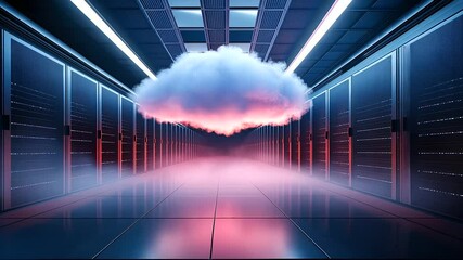 Wall Mural - a dramatic image of a cloud materializing in the center of a server room, casting a soft light over 