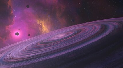Wall Mural - 42. a massive gas giant surrounded by colorful nebulae, with small moons orbiting far out in the dis
