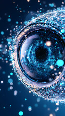 Fototapete - A close-up view of a sparkling, blue orb with shimmering particles against a dark background, evoking a sense of depth and wonder