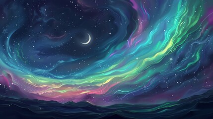 Wall Mural - a colorful, dreamy scene of an aurora borealis over a dark, rolling landscape.