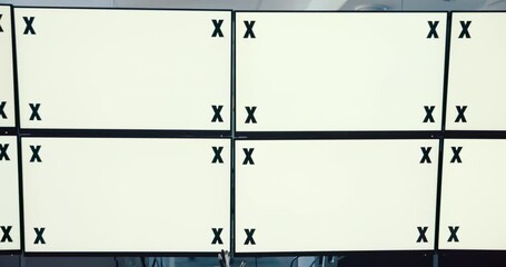 Poster - Computer screen, space and surveillance with equipment in empty office to monitor live feed for update. Mockup, security and tracking markers with display in CCTV control room for crime prevention