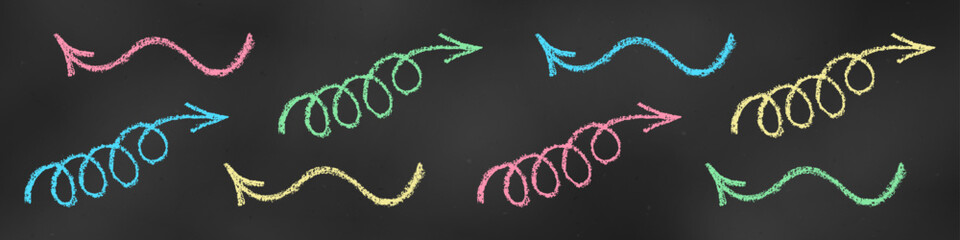 Wall Mural - Graphic Chalk Drawn Sketch. Set of Design Elements Colorful Arrows Isolated on Chalkboard Backdrop.