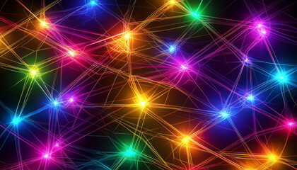 Neon abstract lines. Colorful neon filaments form intricate glowing pattern on dark background