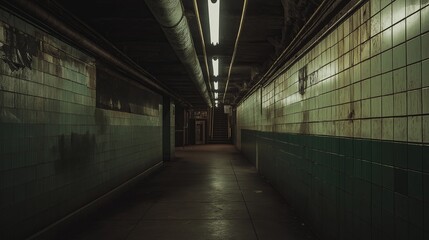 Aufkleber - A quiet, abandoned subway station with moody lighting.