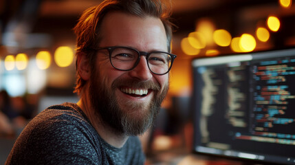 Smiling man with glasses is sitting in front of a computer screen displaying code, in a warmly lit room. Concept of technology and happiness. For representing modern programming.