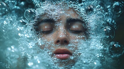 Sticker - serene glowing underwater portrait of person surrounded by ethereal bubbles