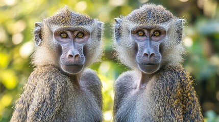 two monkeys looking. faces are grey and beige fur, set against blurry green