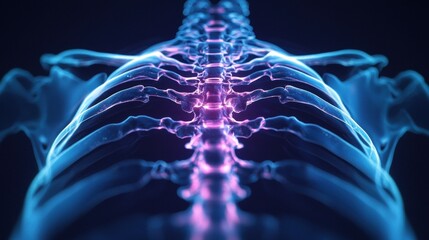 Wall Mural - close-up view of a human ribcage with emphasis on spinal structure under a ray of light in a 3d visu