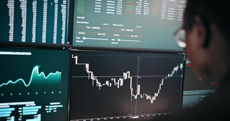 Aufkleber - Black man, screen and stock market with graphs for investment, analytics or monitoring NFT at office. Male person, broker or financial trader with candlestick chart, app or display for profit or loss