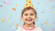 © Indraa - A joyful young girl happily celebrating her birthday over isolated colorful background in a birthday party Generated by Ai