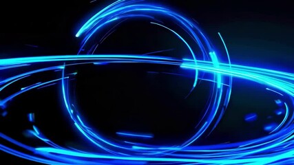 Poster - Blue neon light trails in circular pattern on dark background. Futuristic energy concept
