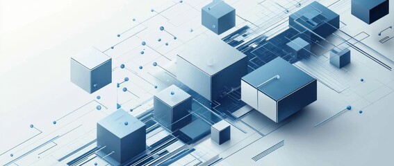 Abstract 3D digital cubes and lines network.
