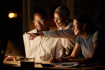 Office, teamwork and business people with computer for publication, research and editing news at night. Late, collaboration and writers with editor for proofreading, script deadline or point for blog