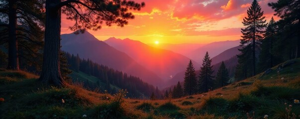 Wall Mural - Forest at sunset with trees and mountain backdrop, warm, sunlight, colors