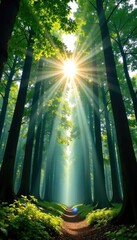 Wall Mural - Forest canopy overhead, sunlight filtering down, landscape, sun, trees