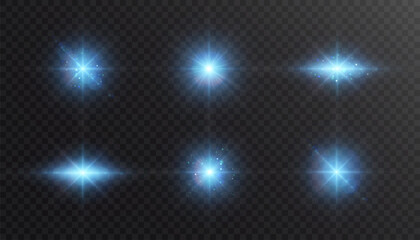 Leinwandbilder - Blue light flashes on transparent background. Vector glow effect of blinking glare. Abstract lens flare ignition.