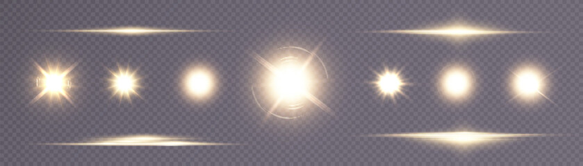 Leinwandbilder - Set of light effects bright glowing light isolated on transparent background. Bright flashes of glare, light refraction, stars and spotlight with rays and glare. Vector