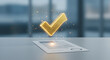 © ikbal - a digital hologram of a checkmark floating above a paper cutout document on a desk compliance and verification concept