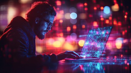 Focused coder working late at night in a vibrant city cafe
