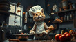 © Asawin - a cat wearing a chef's hat and uniform is preparing food in a kitchen, surrounded by various ingredients