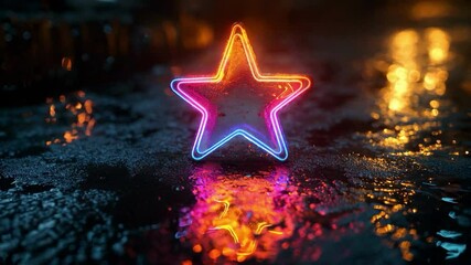 Poster - Neon star in vibrant colors reflecting on wet surface, night urban scene. Futuristic art.
