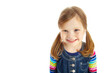 © peopleimages.com - Portrait, child and happy in studio for fashion, stylish and growth for kindergarten with mockup space. Above, girl and student with smile for casual clothes, preschool and cool by white background