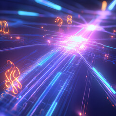 Wall Mural - A bright blue and purple image with many glowing lines and shapes