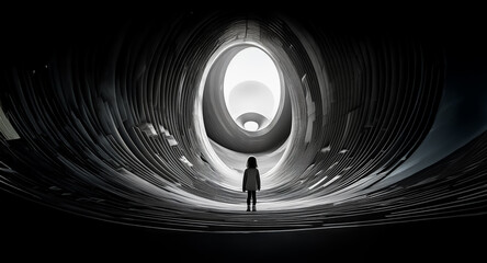 Poster - A lone figure stands silhouetted at the end of a curved, tunnel-like structure, with a bright light drawing the eye in the distance, creating a sense of mystery and journey.