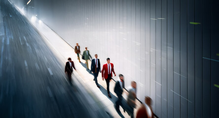 Poster - Blurred motion image of a group of people walking forward on a path leading to bright light. Suggests movement, direction, and business teamwork.