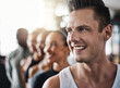 © peopleimages.com - Line, fitness and people with man, smile and exercise goals with pride, challenge and support. Group, men and women in wellness facility, friends and training with diversity, health and happiness